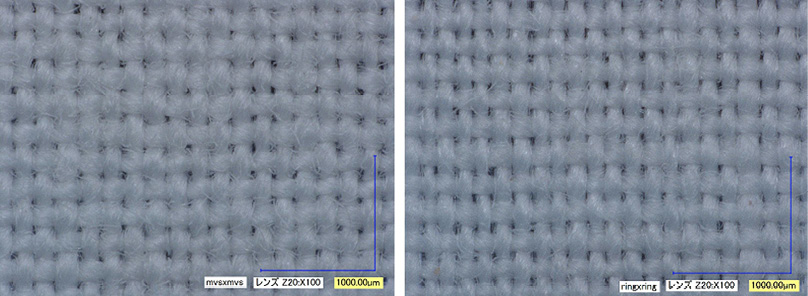 図3.43　綿100 %　200カウントシーツ（平織）の外観比較（縦ⅹ緯）<br>
左；Vortex x Vortex Ne39/1、右；Ring（Compact）×Ring（Compact）Ne40/1（筆者撮影）
/